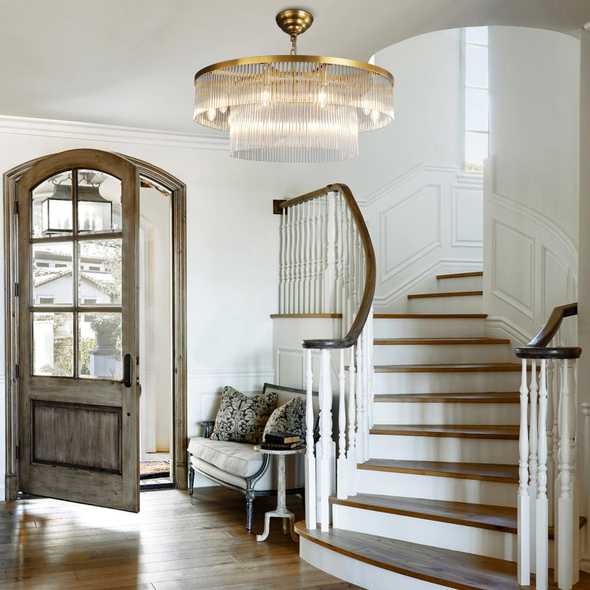Two-Tier Striped Column Round Pendant D800 - Gold