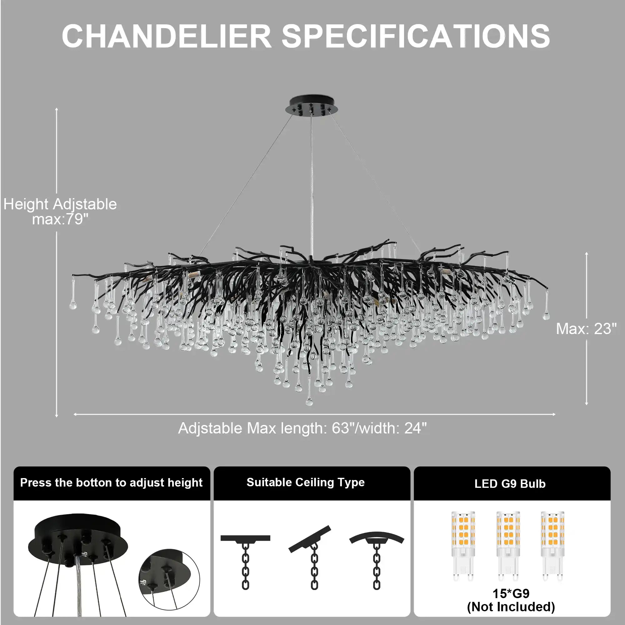 63" Modern Crystal Tree Branch Chandelier with 15 Lights