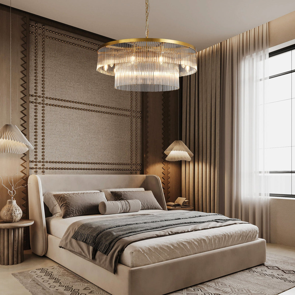 Two-Tier Striped Column Round Pendant D800 - Gold