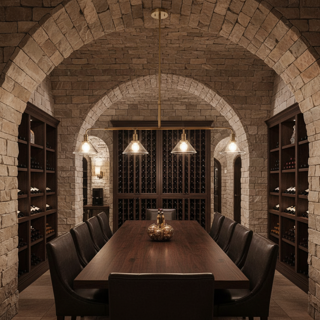 Luster Gaze Veridian Linear Chandelier - elegant American wine cellar dining room
