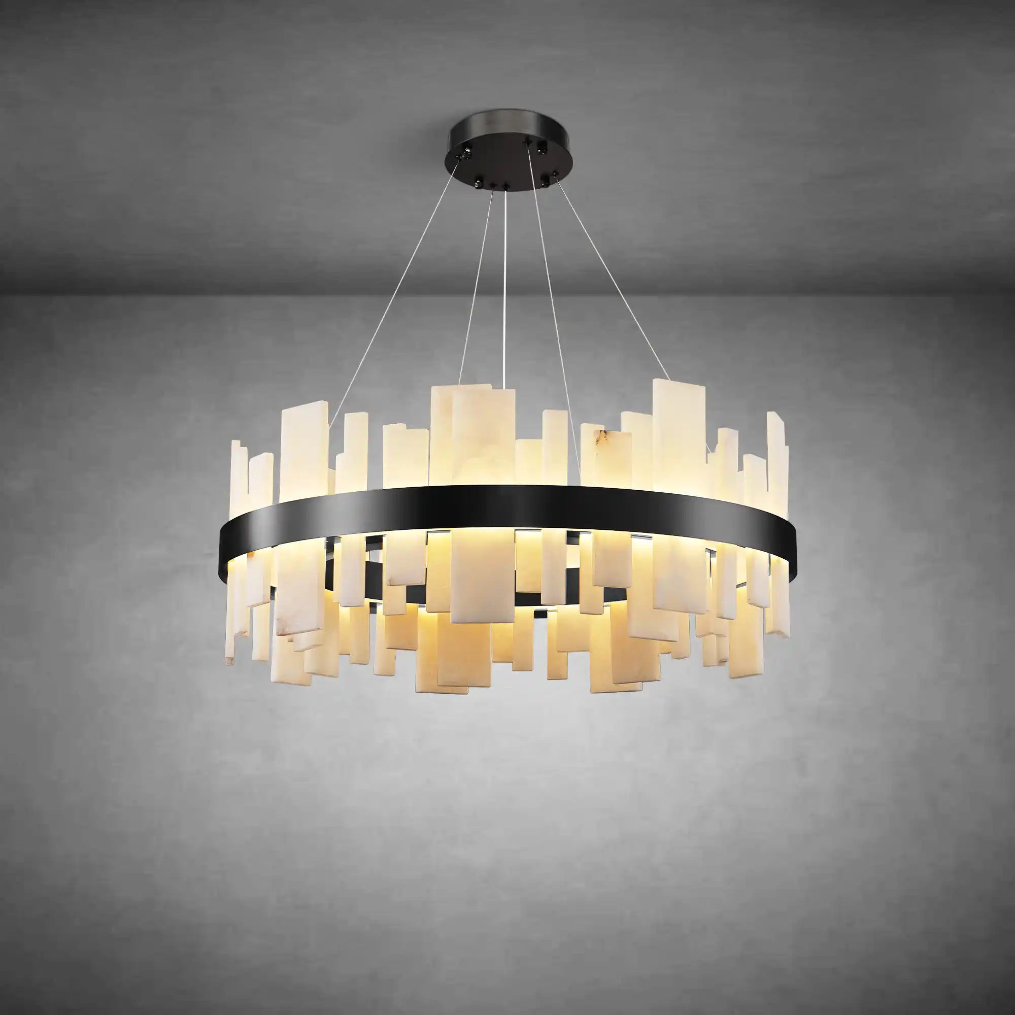 Alabaster Round Chandelier, Natural Spanish Stone Texture Chandeliers, 31.5" Adjustable Alabaster Chandelier Over Table for Living Room, Bedroom, Hallway – Modern Luxury Ceiling Lighting