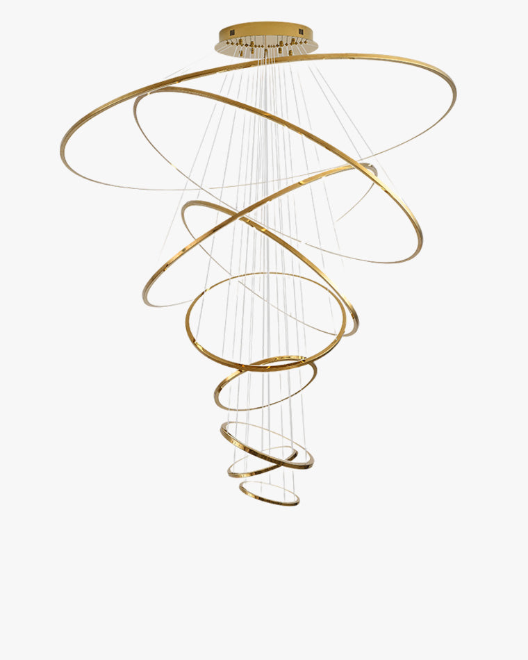 Golden WM2160 entryway chandelier with cascading LED rings, creating a weightless sculptural centerpiece for expansive two-story spaces.