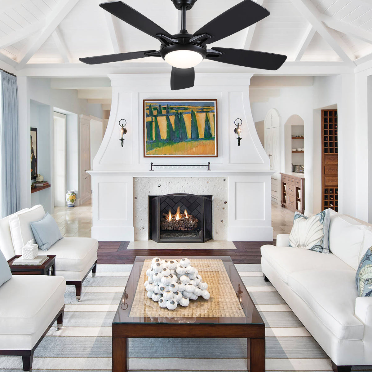 Modern Ceiling Fans with Lights 6 Speeds Reversible Dual Finish Wooden Blades 52"