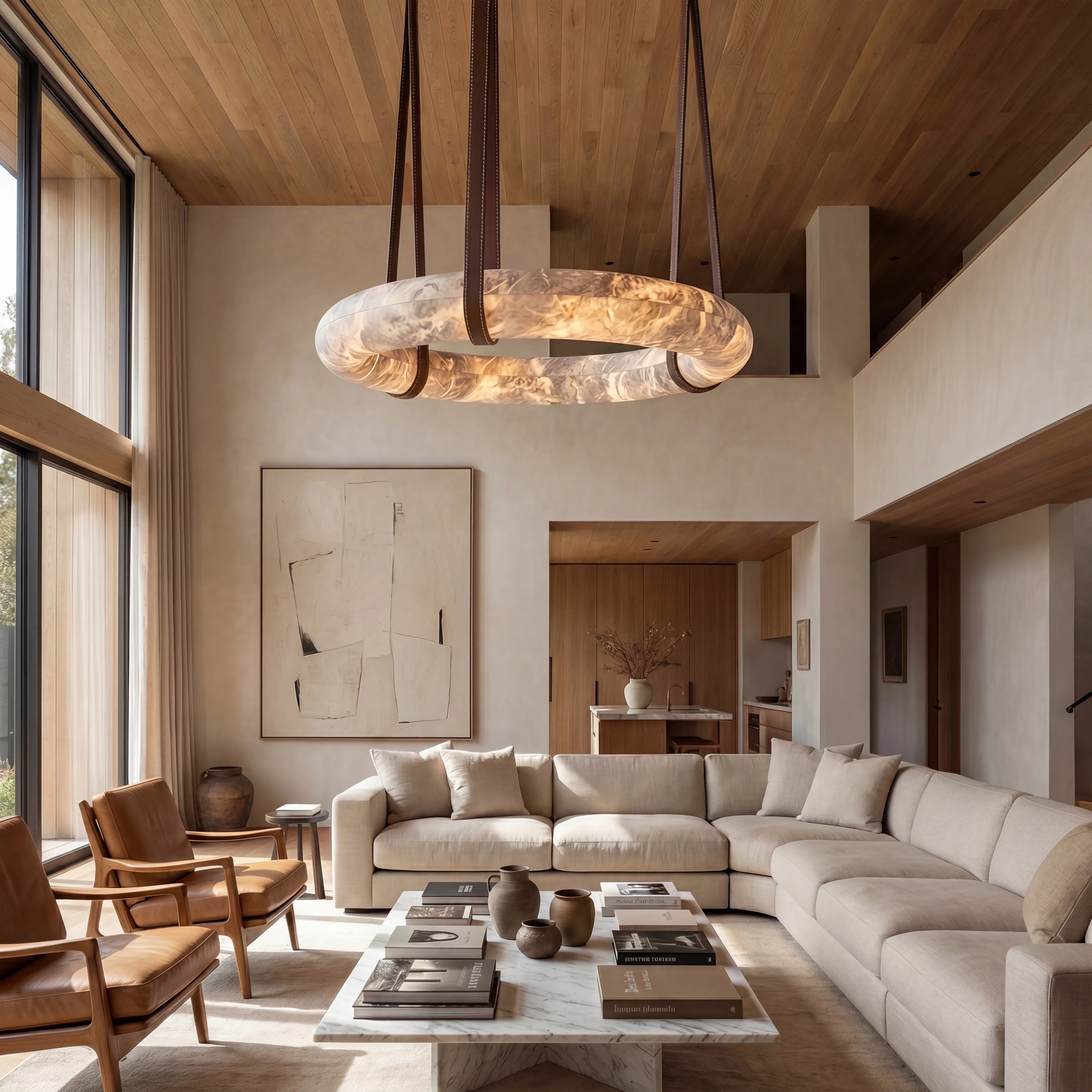 Ogden Pendant Alabaster Chandelier, Halo Ring Modern Chandelier