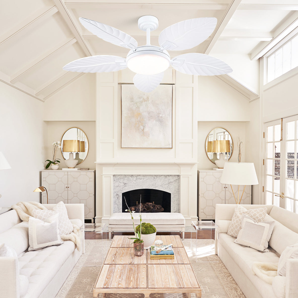Palm Leaf Ceiling Fans with Lights Tropical Ceiling Fans 6 Speeds Reversible Wood Grain 52"