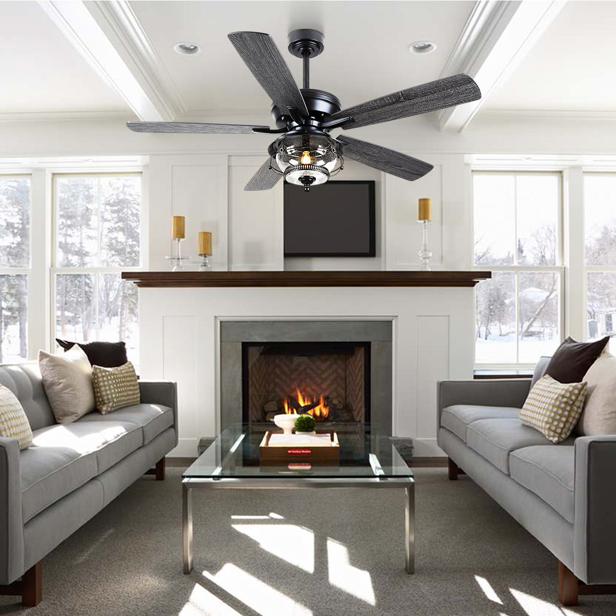 Ceiling Fans with Light and Remote Waterproof Wet Rated Ceiling Fan, 6 Speeds Modern Black Fan Lights 52"