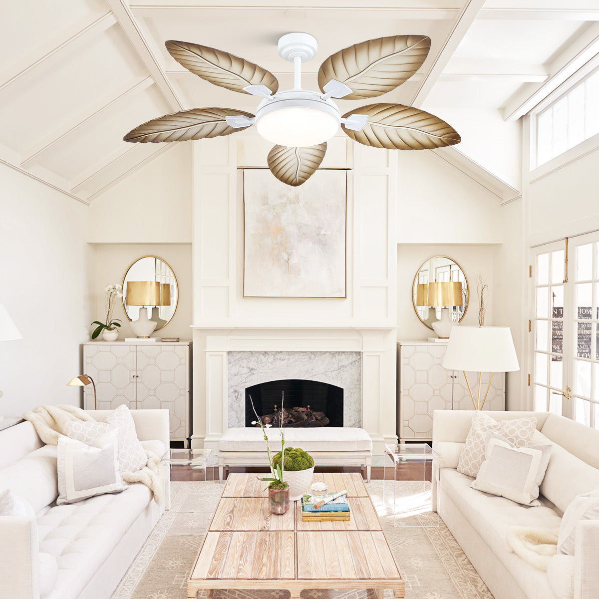 Palm Leaf Ceiling Fans with Lights Tropical Ceiling Fans 6 Speeds Reversible Wood Grain 52"