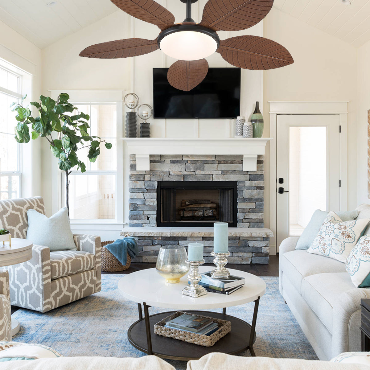 Ceiling Fan Palm Leaf Ceiling Fan 6 Speeds Reversible Ceiling Fans with Lights 48"