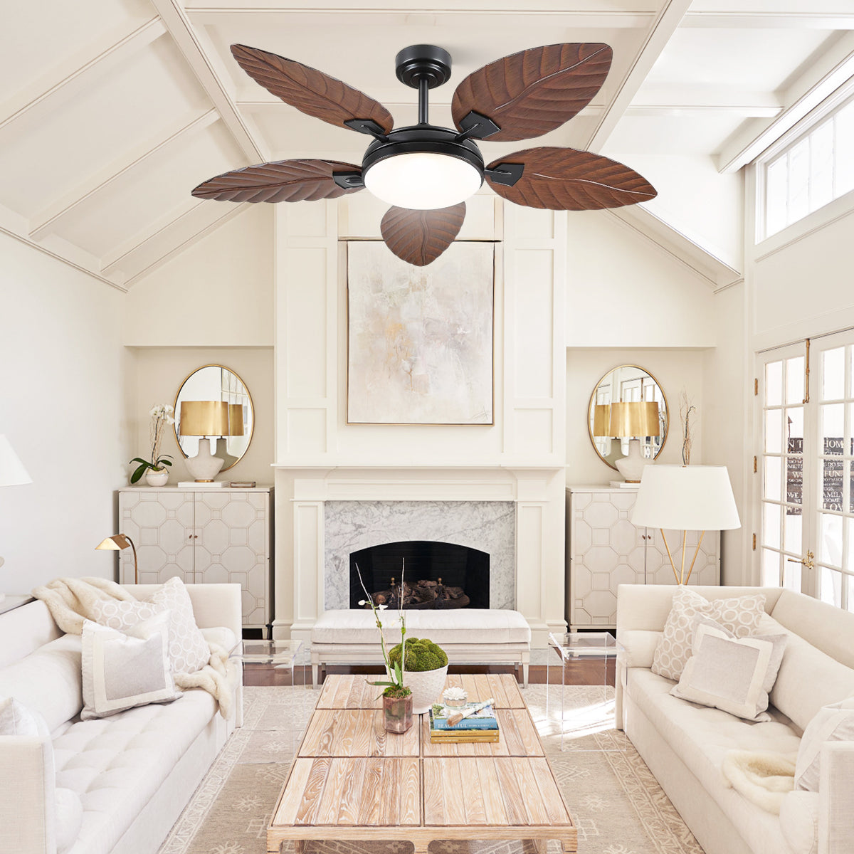 Palm Leaf Ceiling Fans with Lights Tropical Ceiling Fans 6 Speeds Reversible Wood Grain 52"