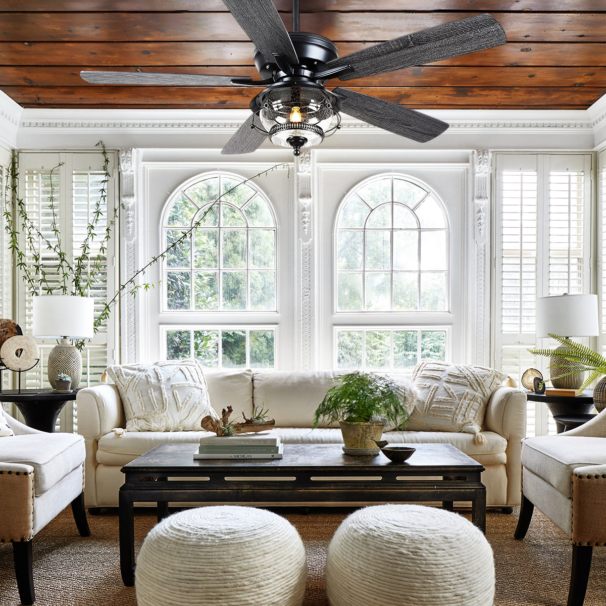 Ceiling Fans with Light and Remote Waterproof Wet Rated Ceiling Fan, 6 Speeds Modern Black Fan Lights 52"