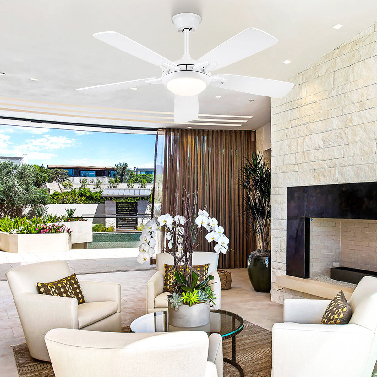 Modern Ceiling Fans with Lights 6 Speeds Reversible Dual Finish Wooden Blades 52"