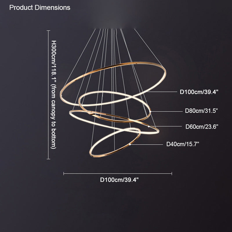 Golden four-ring entryway chandelier dimension guide showing a 118.1-inch drop and 39.4-inch maximum diameter.