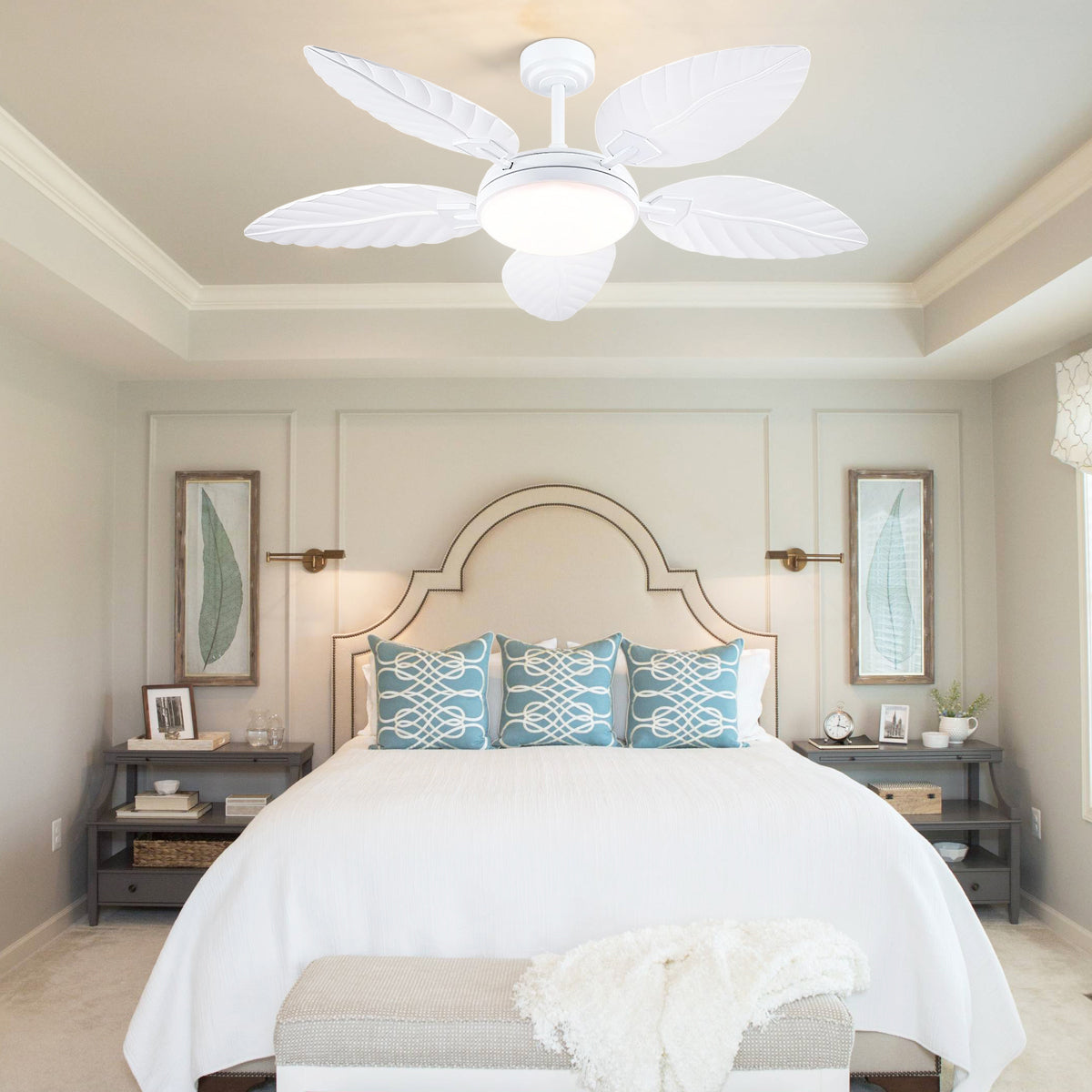 Palm Leaf Ceiling Fans with Lights Tropical Ceiling Fans 6 Speeds Reversible Wood Grain 52"