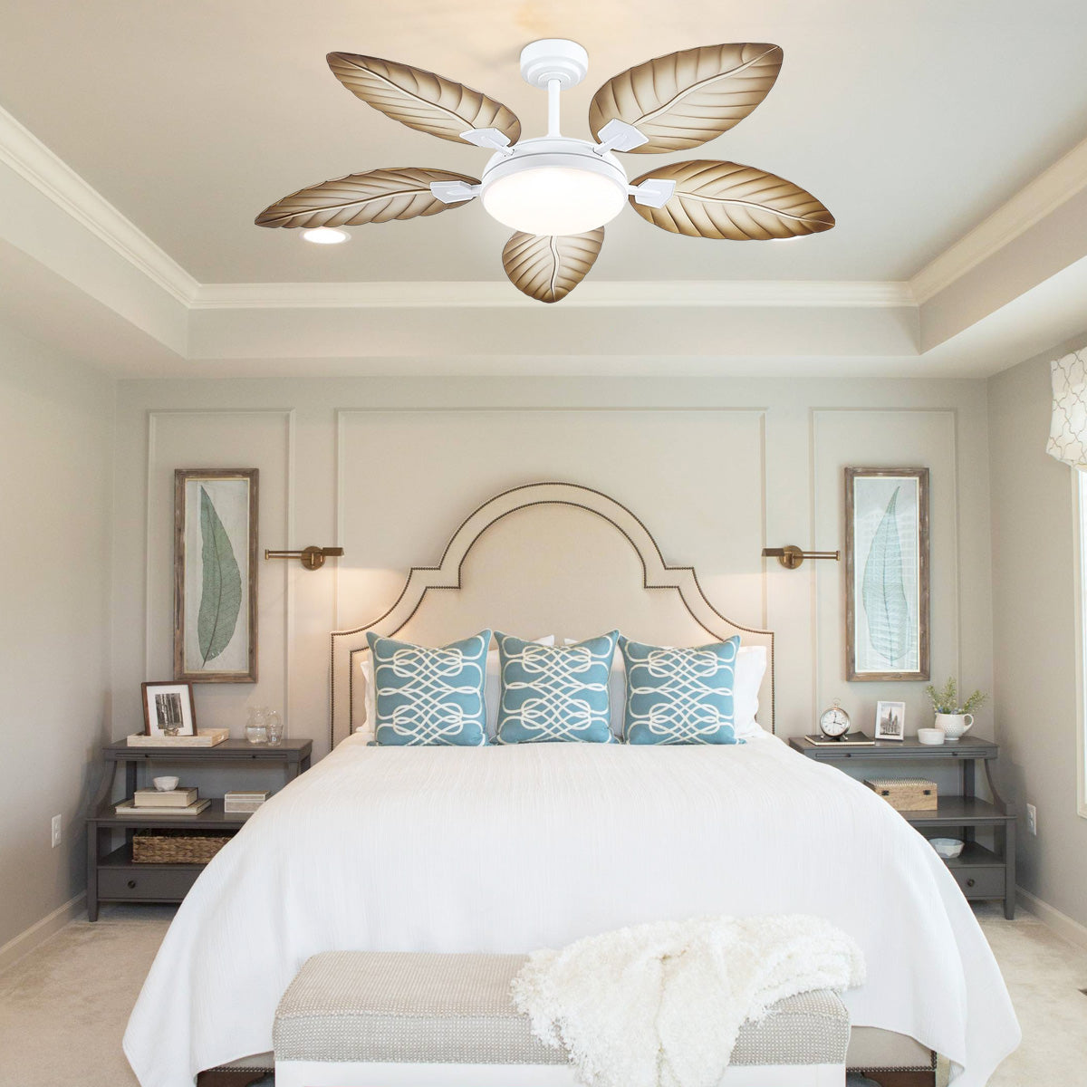 Palm Leaf Ceiling Fans with Lights Tropical Ceiling Fans 6 Speeds Reversible Wood Grain 52"
