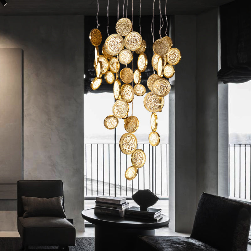 Modern Copper LED Circular Luxury Light Fixture. Staircase Chandelier Kevin Studio 31.5" W x 48.74" H