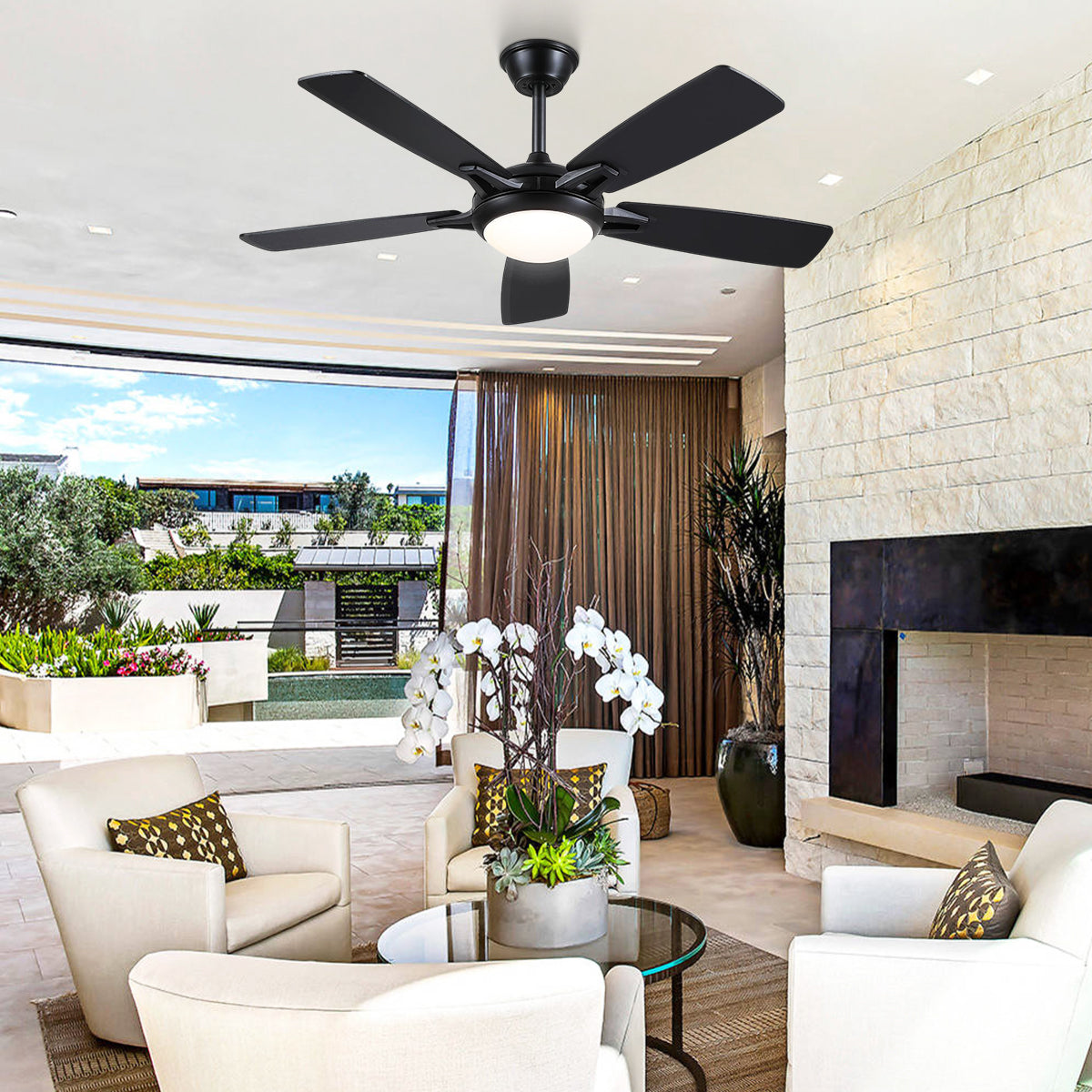 Modern Ceiling Fans with Lights 6 Speeds Reversible Dual Finish Wooden Blades 52"
