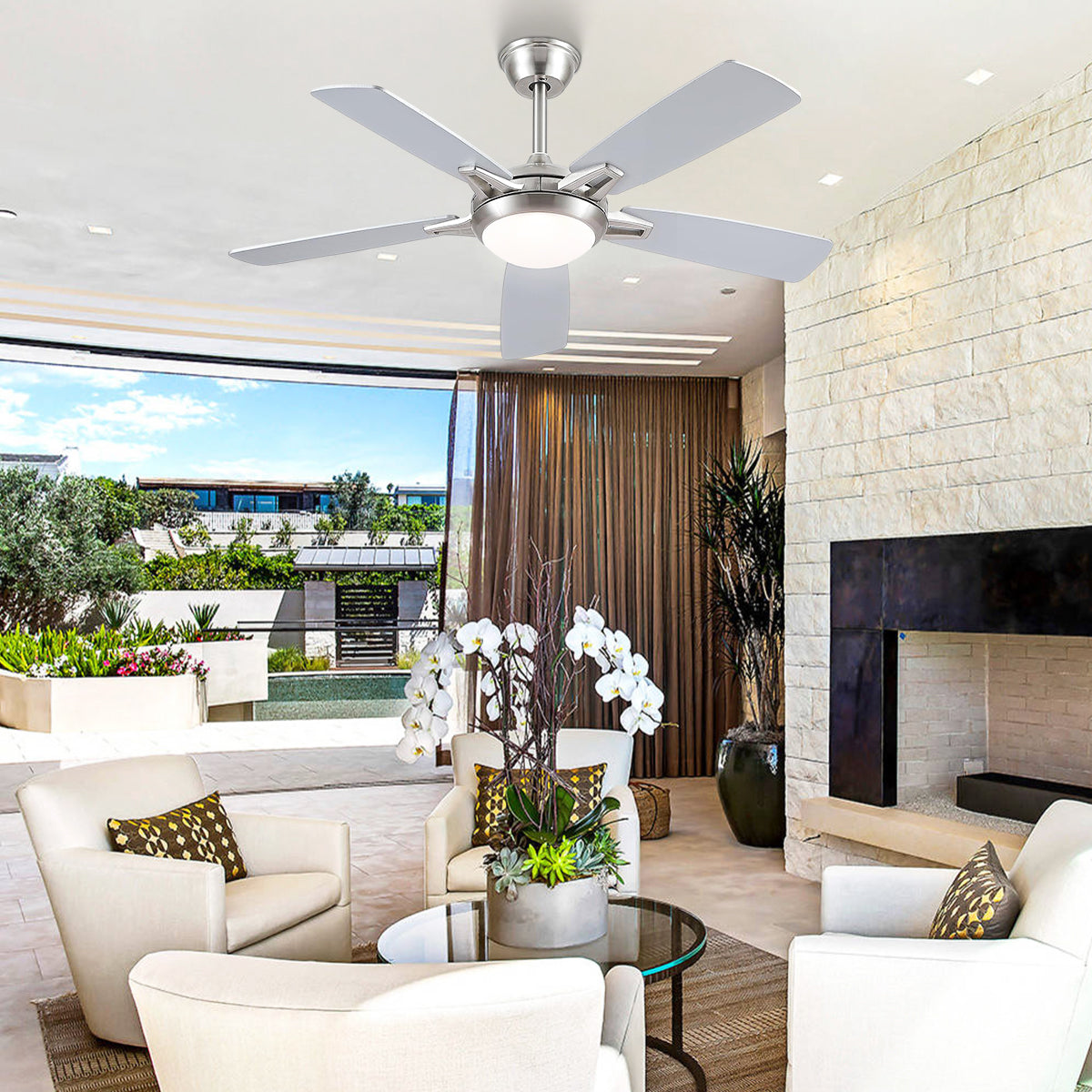 Modern Ceiling Fans with Lights 6 Speeds Reversible Dual Finish Wooden Blades 52"