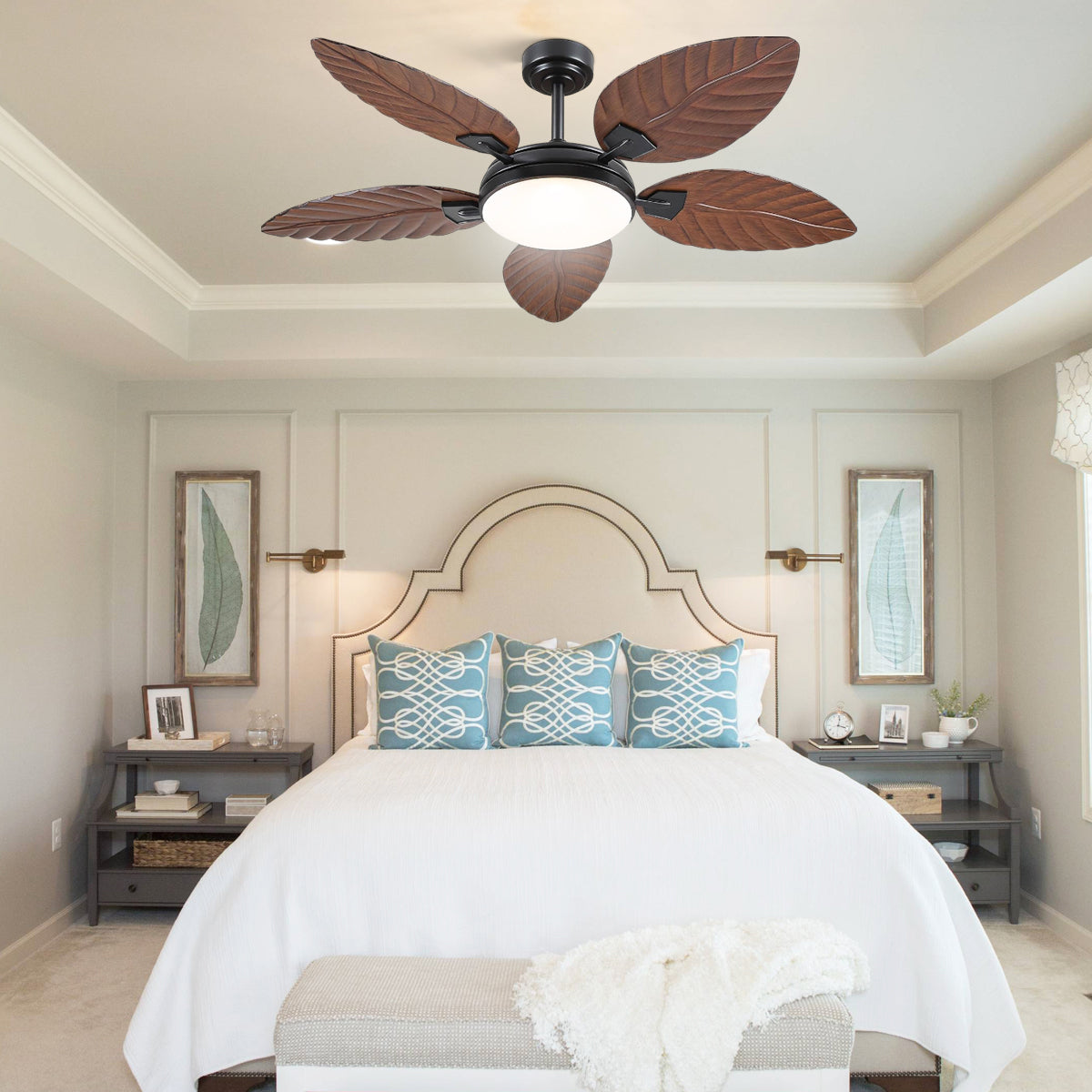 Palm Leaf Ceiling Fans with Lights Tropical Ceiling Fans 6 Speeds Reversible Wood Grain 52"