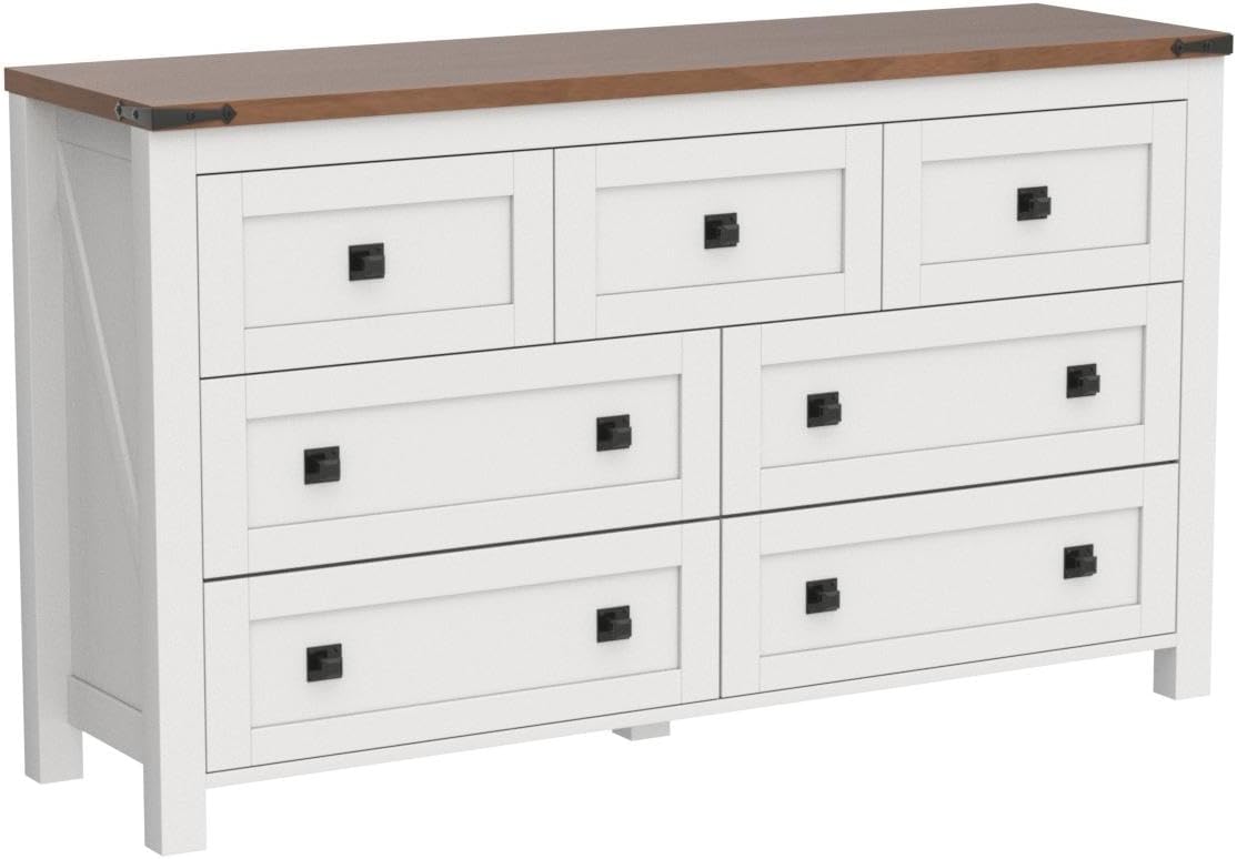 T4TREAM Farmhouse Antique White 7-Drawer Dresser, TV Stand, Organizer