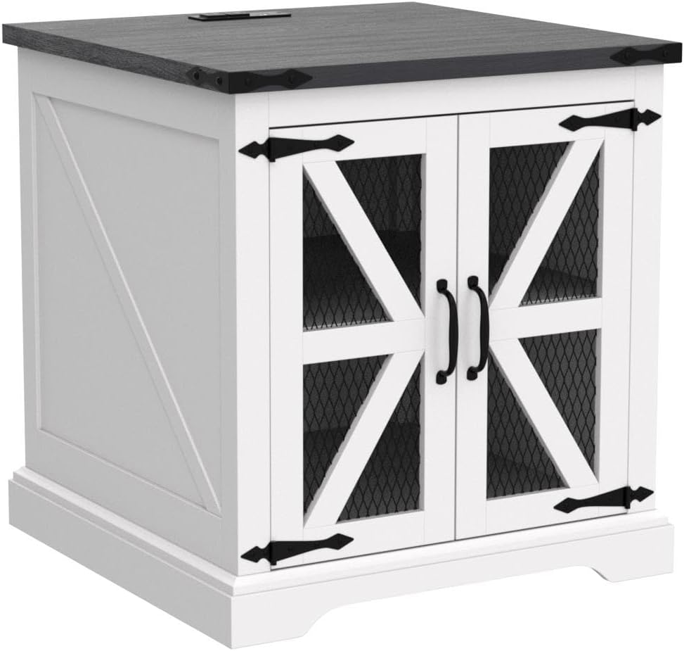 Farmhouse End Table with Charging Station, Rustic Wood Nightstand
