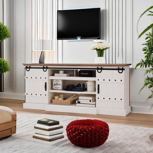 OKD 75" Rustic Farmhouse TV Stand with Sliding Barn Door