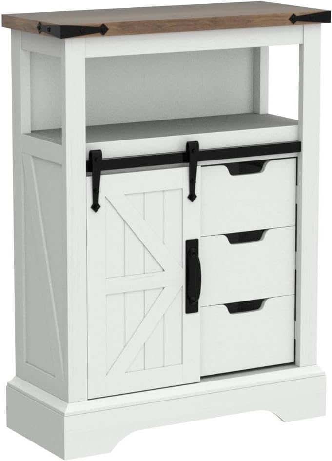 OKD Farmhouse Bathroom Floor Cabinet with Sliding Barn Door & Drawers