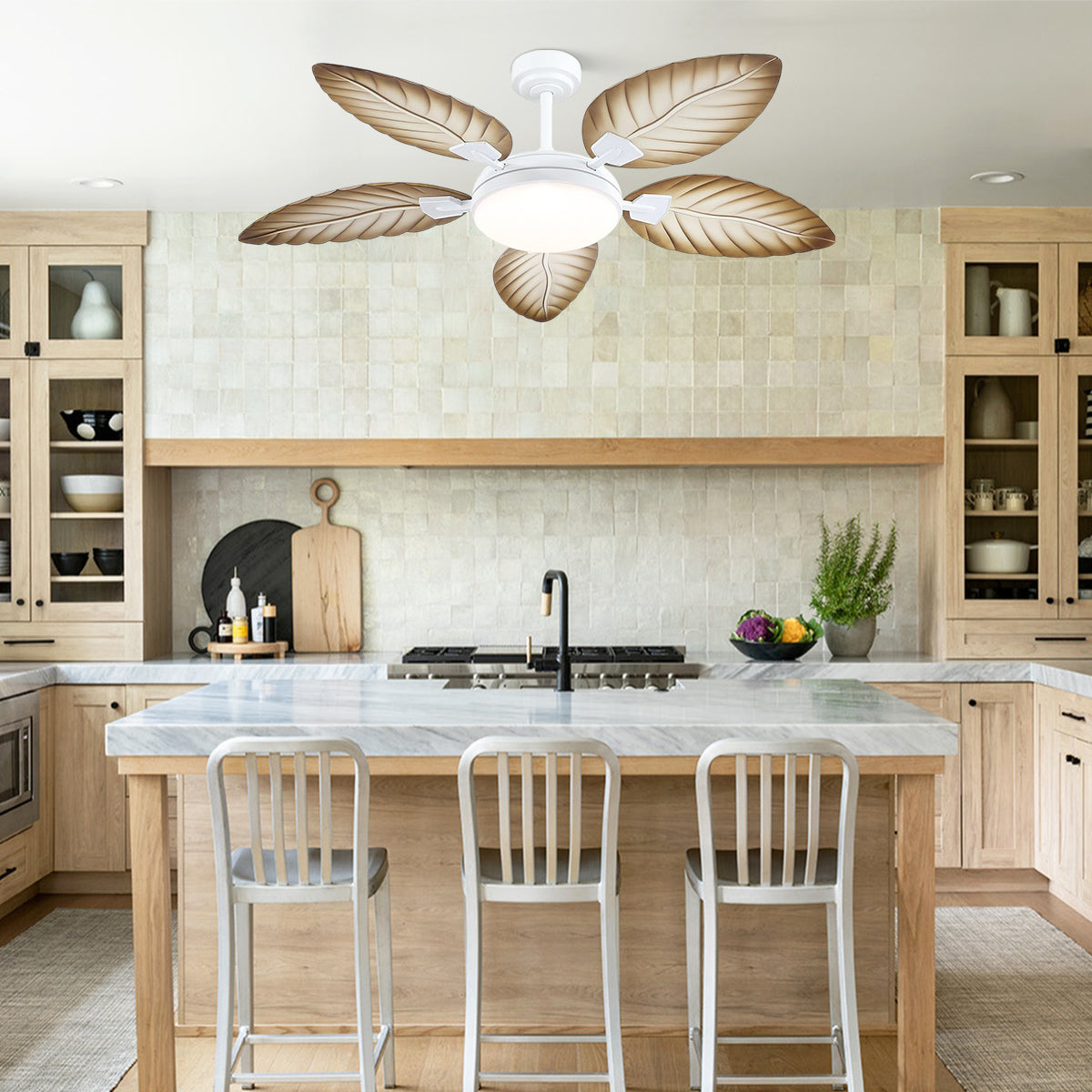 Palm Leaf Ceiling Fans with Lights Tropical Ceiling Fans 6 Speeds Reversible Wood Grain 52"