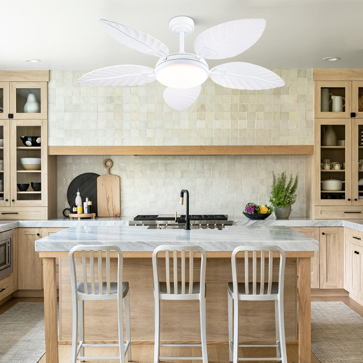 Palm Leaf Ceiling Fans with Lights Tropical Ceiling Fans 6 Speeds Reversible Wood Grain 52"