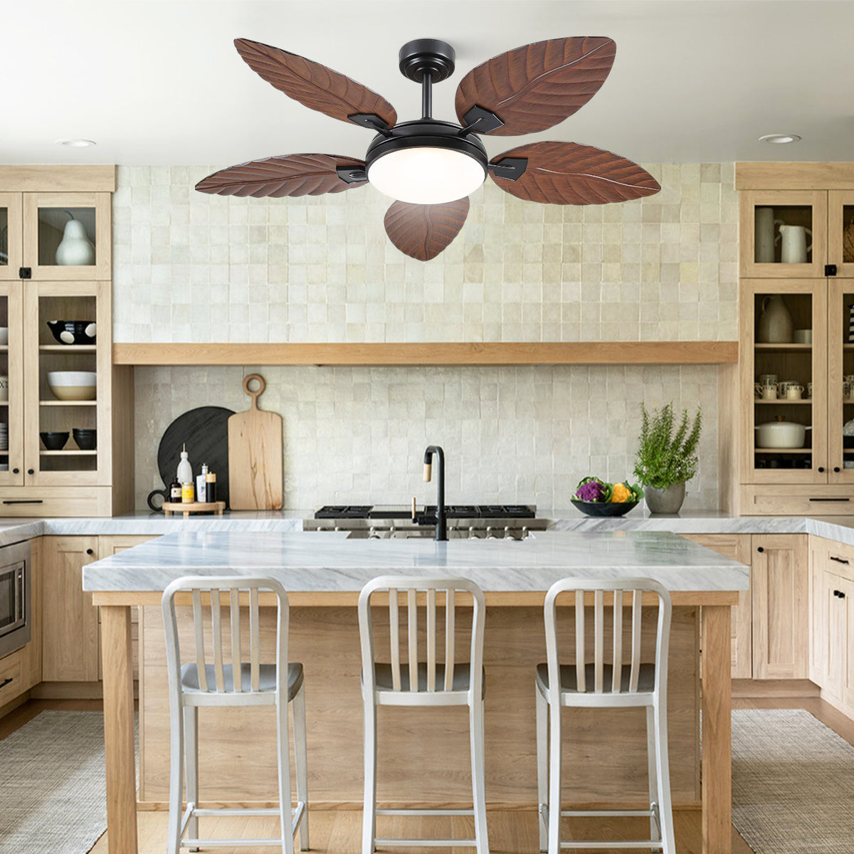 Palm Leaf Ceiling Fans with Lights Tropical Ceiling Fans 6 Speeds Reversible Wood Grain 52"