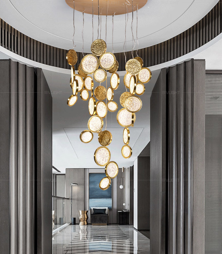 Modern Copper LED Circular Luxury Light Fixture. Staircase Chandelier Kevin Studio