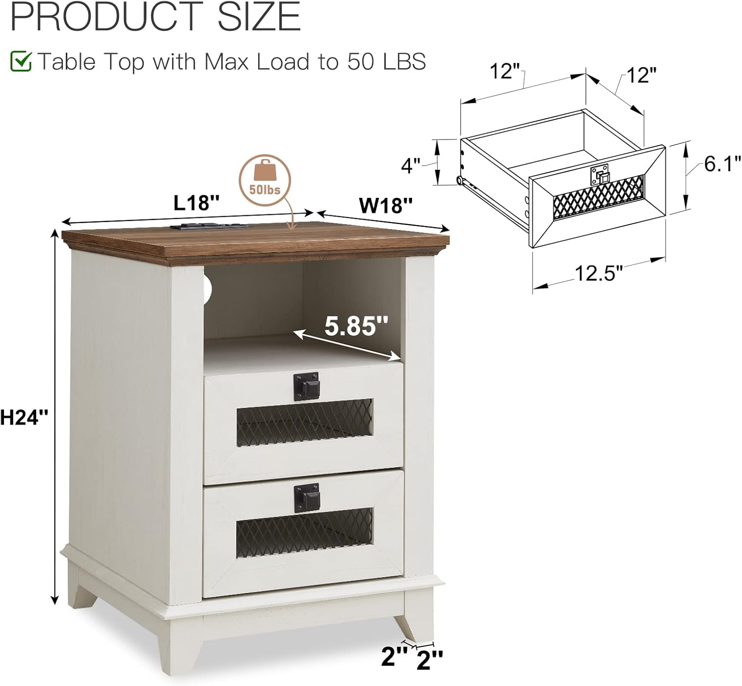 OKD Industrial Nightstand with Charging Station, Rustic Farmhouse End Table
