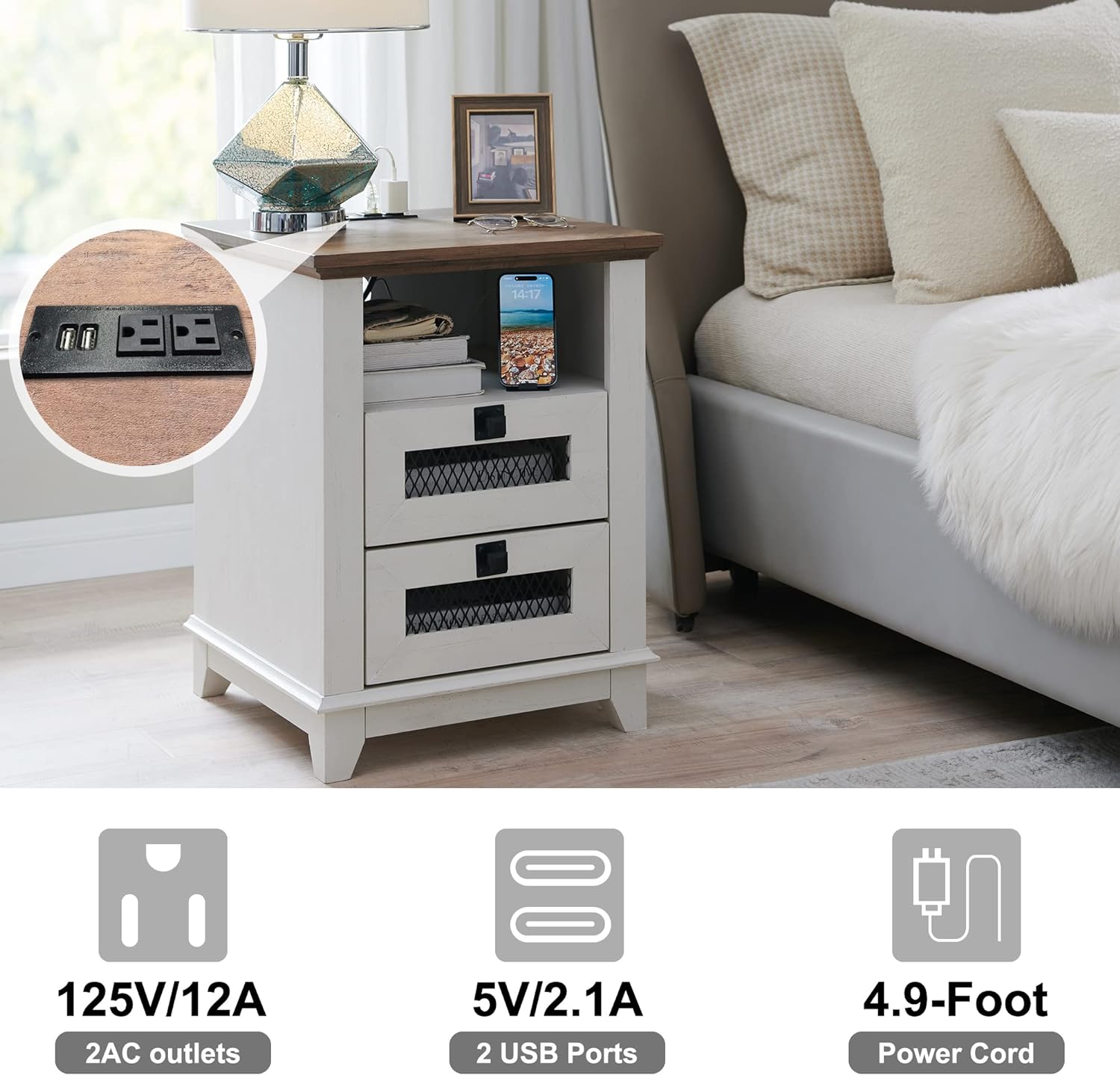 OKD Industrial Nightstand with Charging Station, Rustic Farmhouse End Table