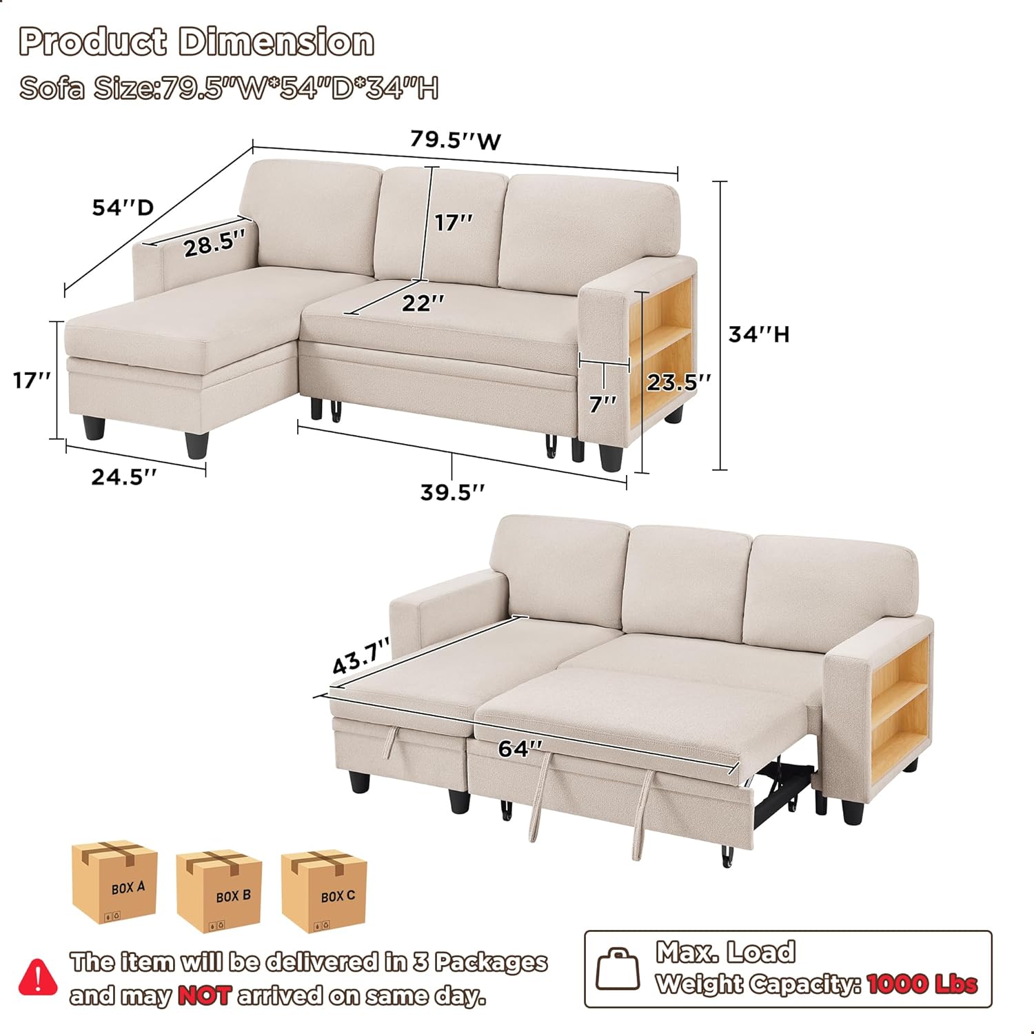 RedLemon Beige 80-Inch Sleeper Sofa Bed with Storage Chaise
