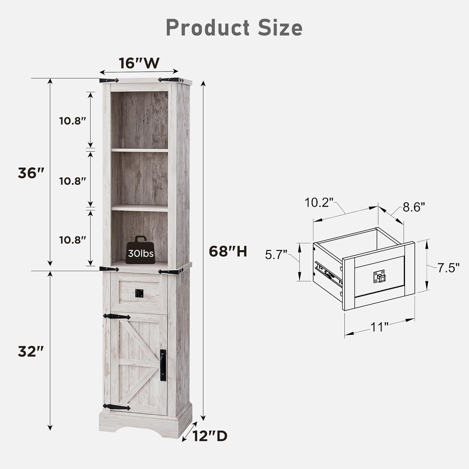 Farmhouse Bathroom Storage Cabinet with Adjustable Shelves and Drawer