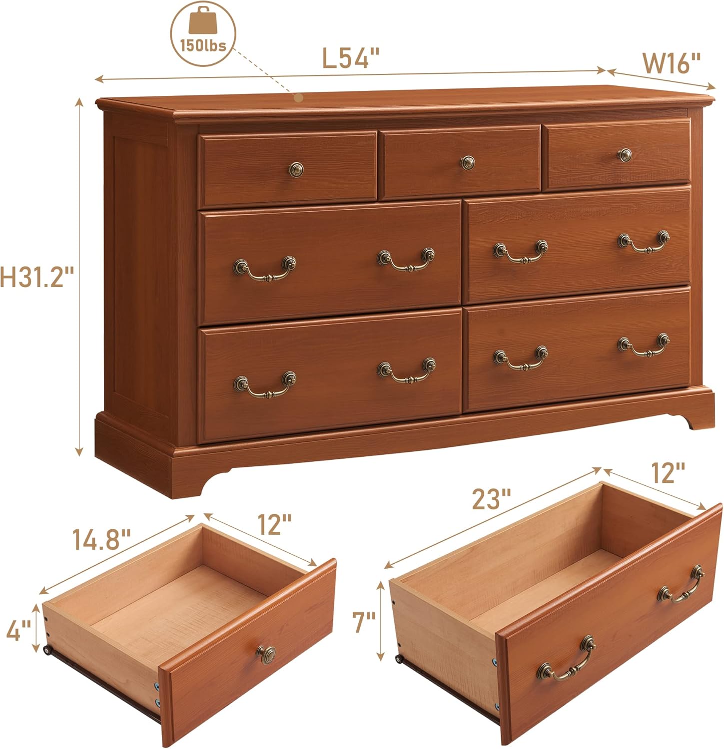 Rustic 7 Drawer Wood Dresser Chest for Bedroom