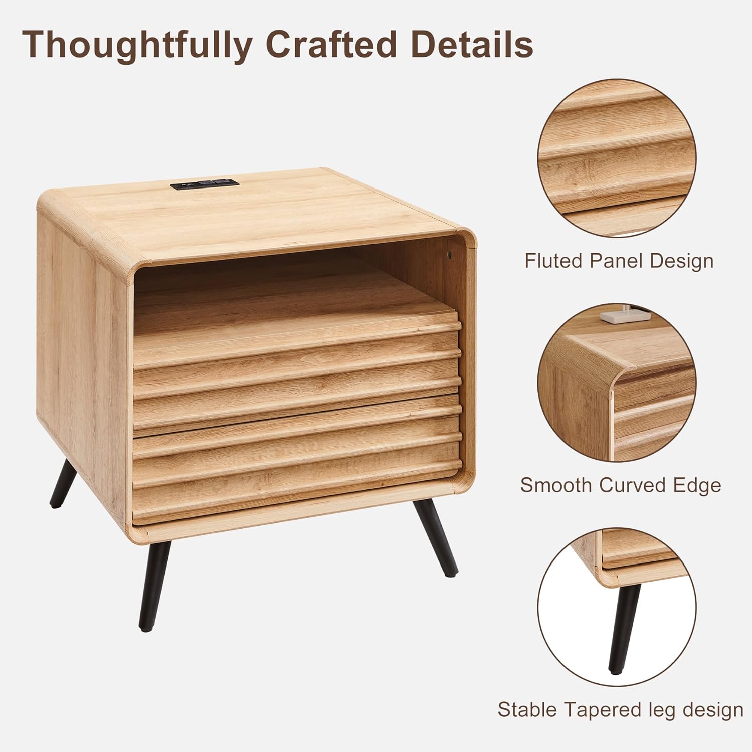 RedLemon Mid Century Nightstand with Charger Station & Two Drawers