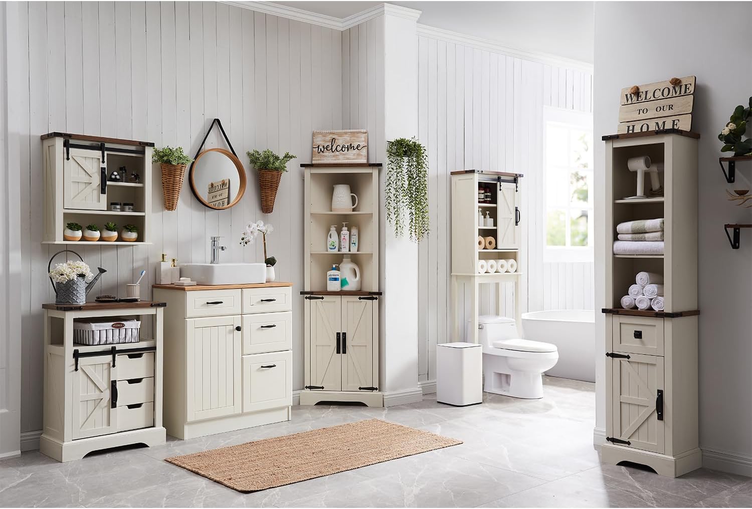 OKD Farmhouse Bathroom Floor Cabinet with Sliding Barn Door & Drawers