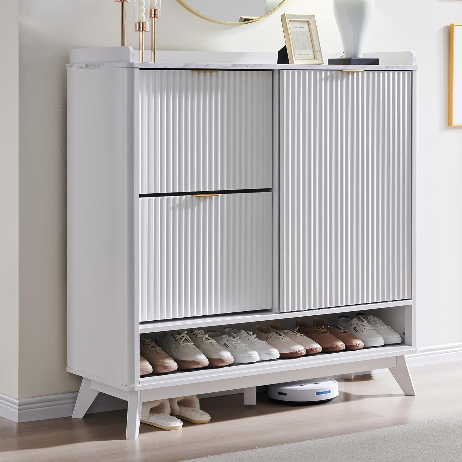 T4TREAM White Fluted Shoe Storage Cabinet - Organizer for Entryway