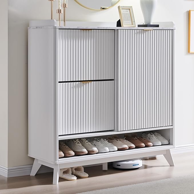 T4TREAM White Fluted Shoe Storage Cabinet - Organizer for Entryway