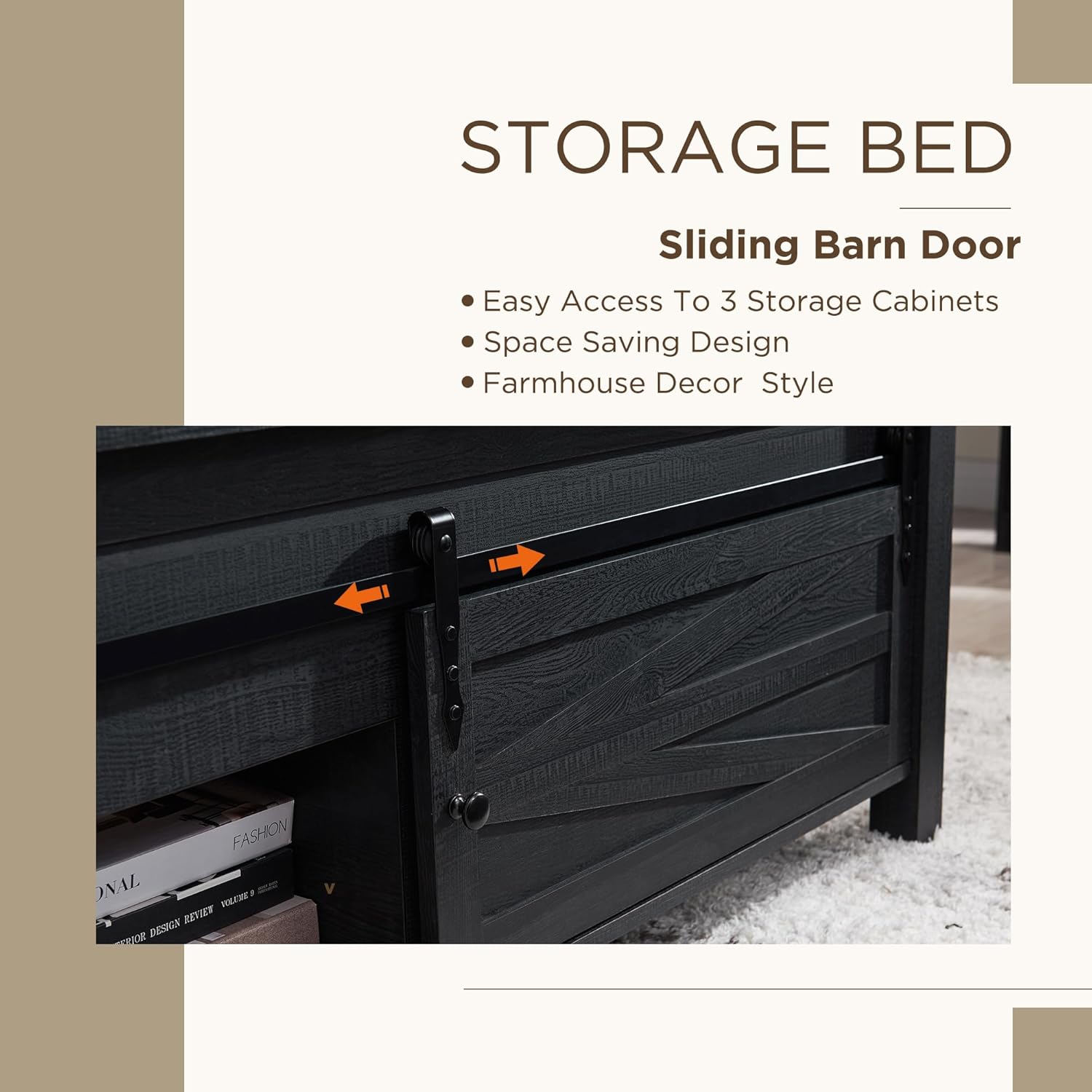 JXQTLINGMU Queen Farmhouse Bed Frame with Barn Door Headboard, Black