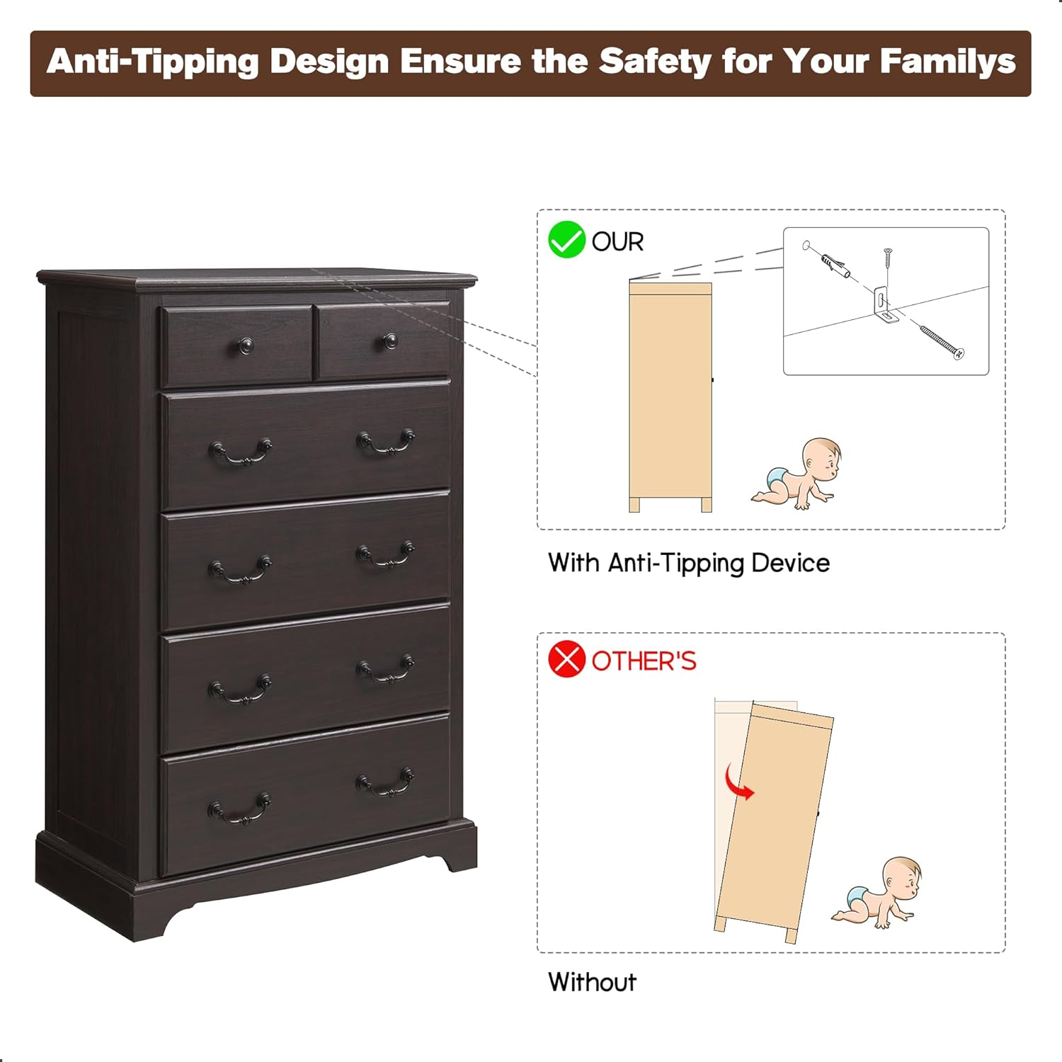 Rustic Espresso Tall 6-Drawer Dresser Chest for Bedroom