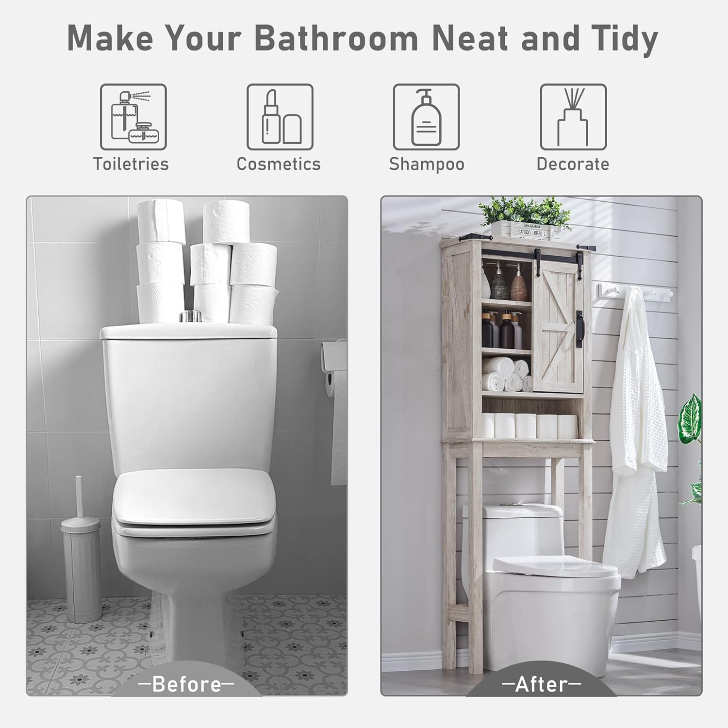 OKD Farmhouse Over The Toilet Storage Cabinet with Sliding Barn Door
