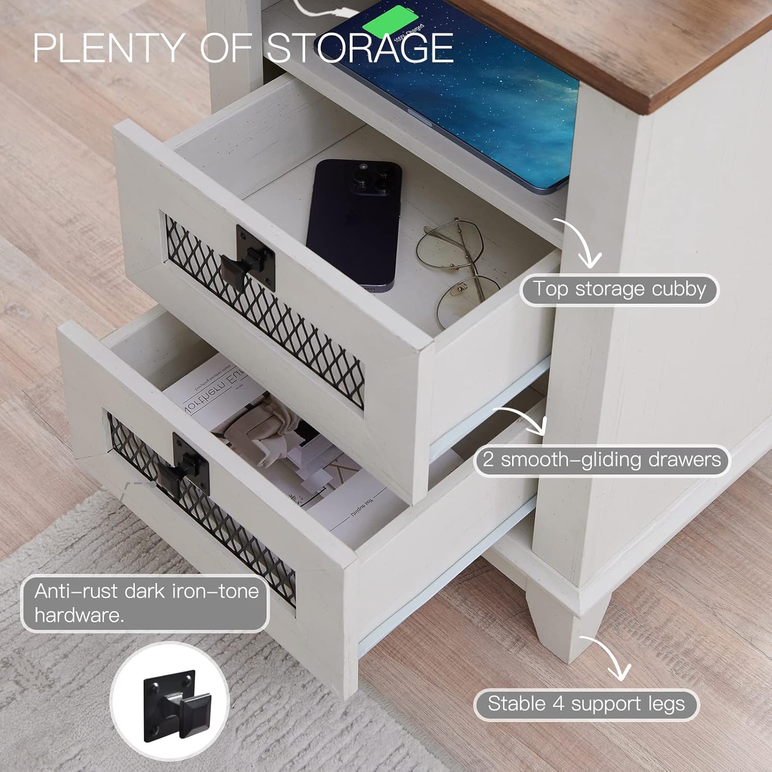 OKD Industrial Nightstand with Charging Station, Rustic Farmhouse End Table