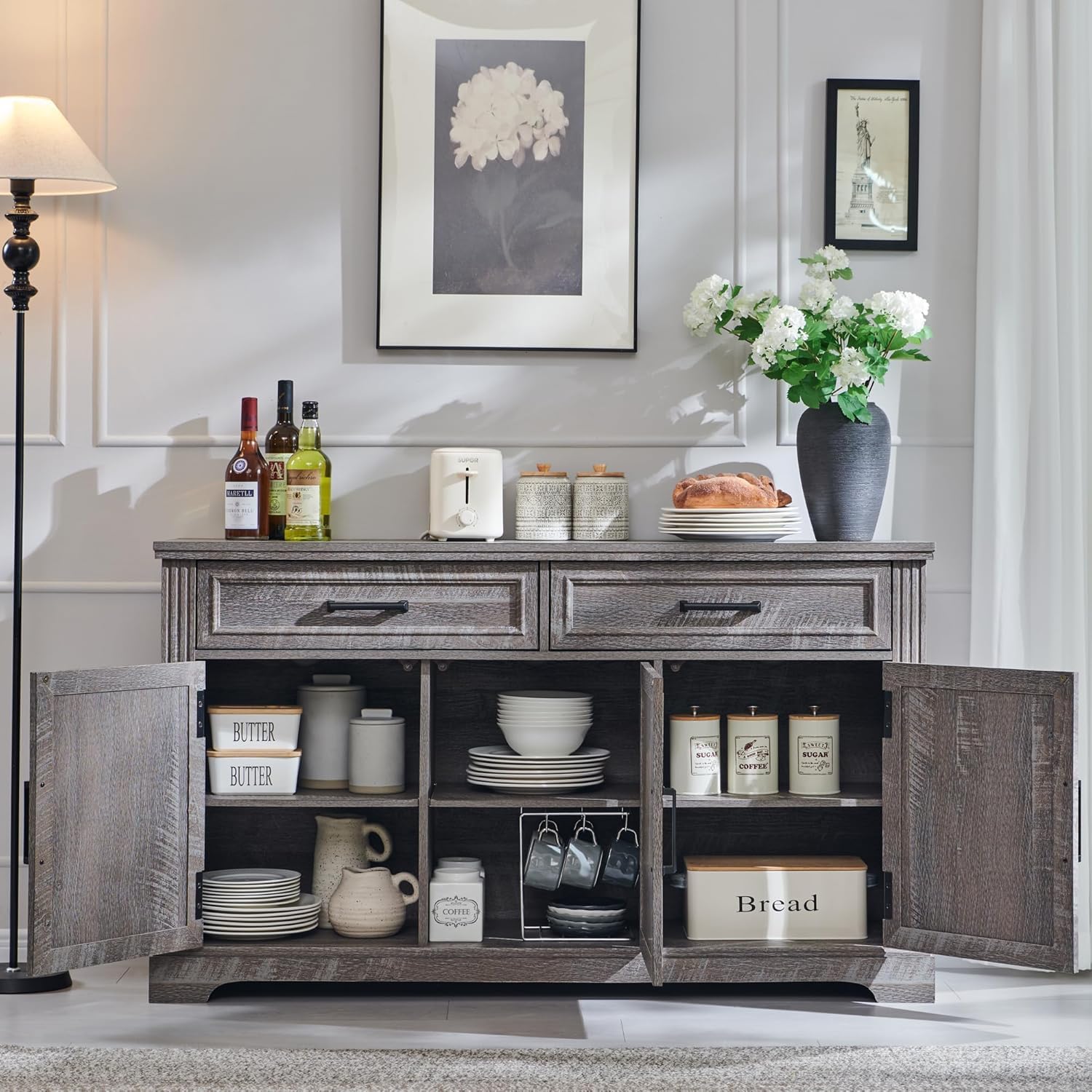 Modern 55-Inch Dark Grey Buffet, Coffee, and Wine Bar Cabinet