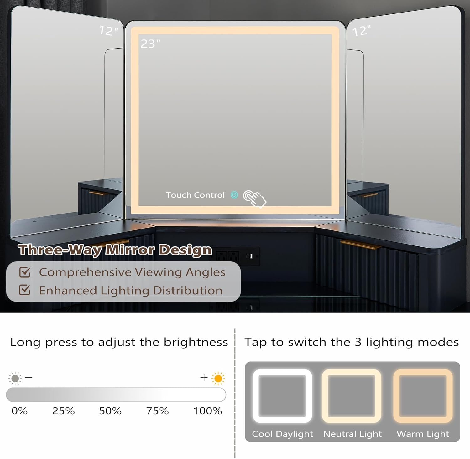 Fluted Makeup Vanity Desk with 3-Way Mirror and Lights