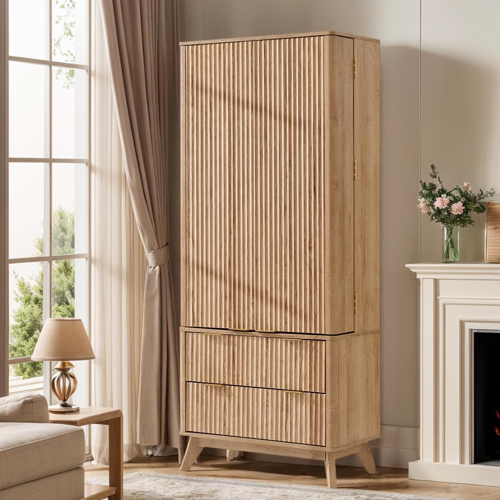 OKD Fluted Natural Oak Pantry Cabinet, 72" Kitchen Hutch
