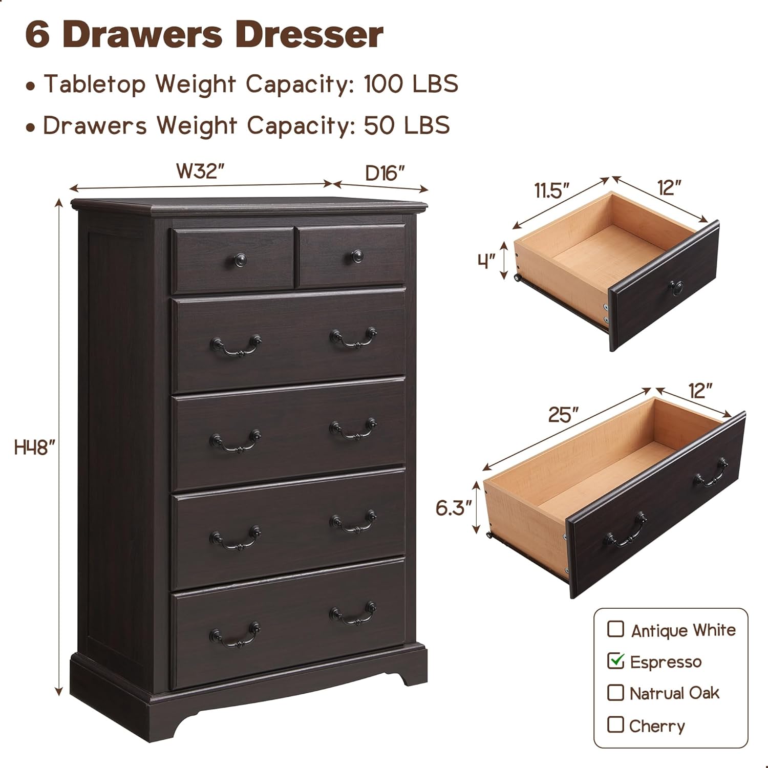 Rustic Espresso Tall 6-Drawer Dresser Chest for Bedroom
