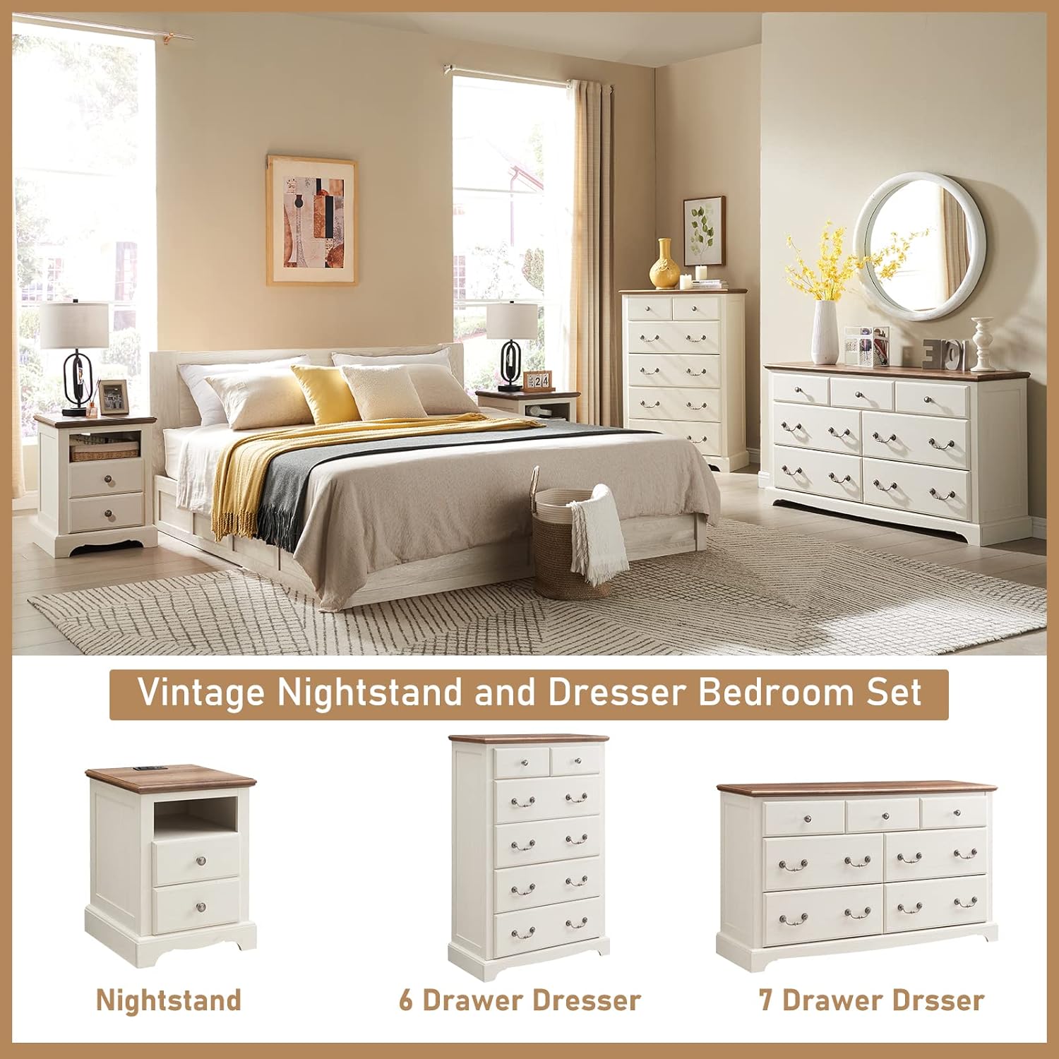 T4TREAM 7 Drawer Rustic Wood Dresser Chest for Bedroom, White
