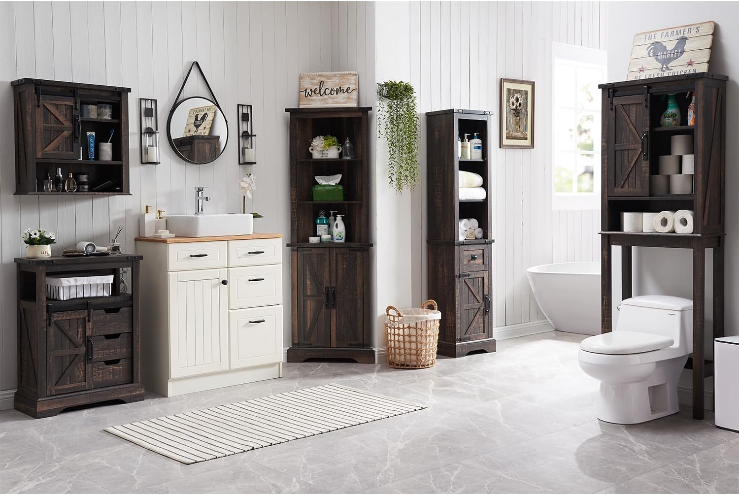 OKD Farmhouse Bathroom Wall Cabinet with Sliding Barn Door