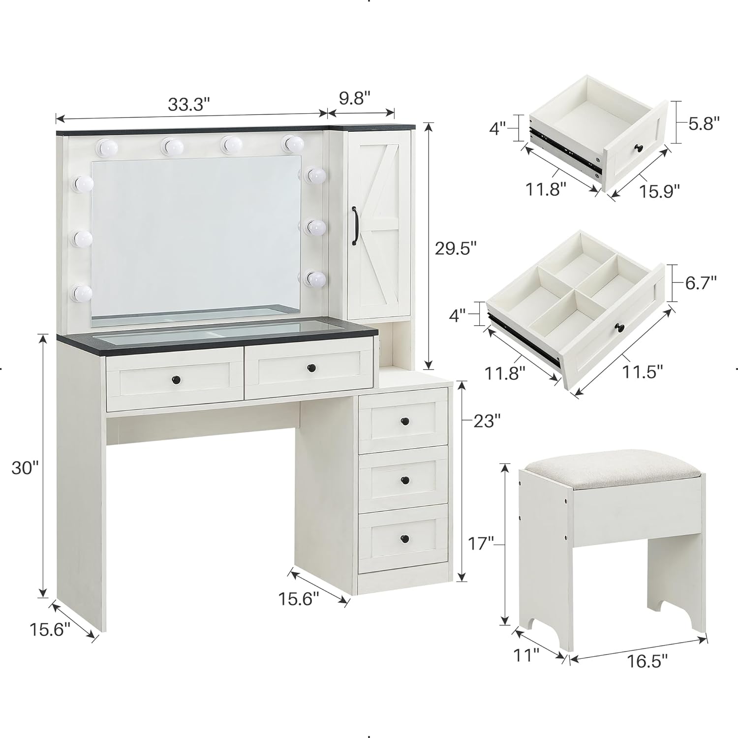 Farmhouse Style Vanity Makeup Desk with Lighted Mirror & Charging
